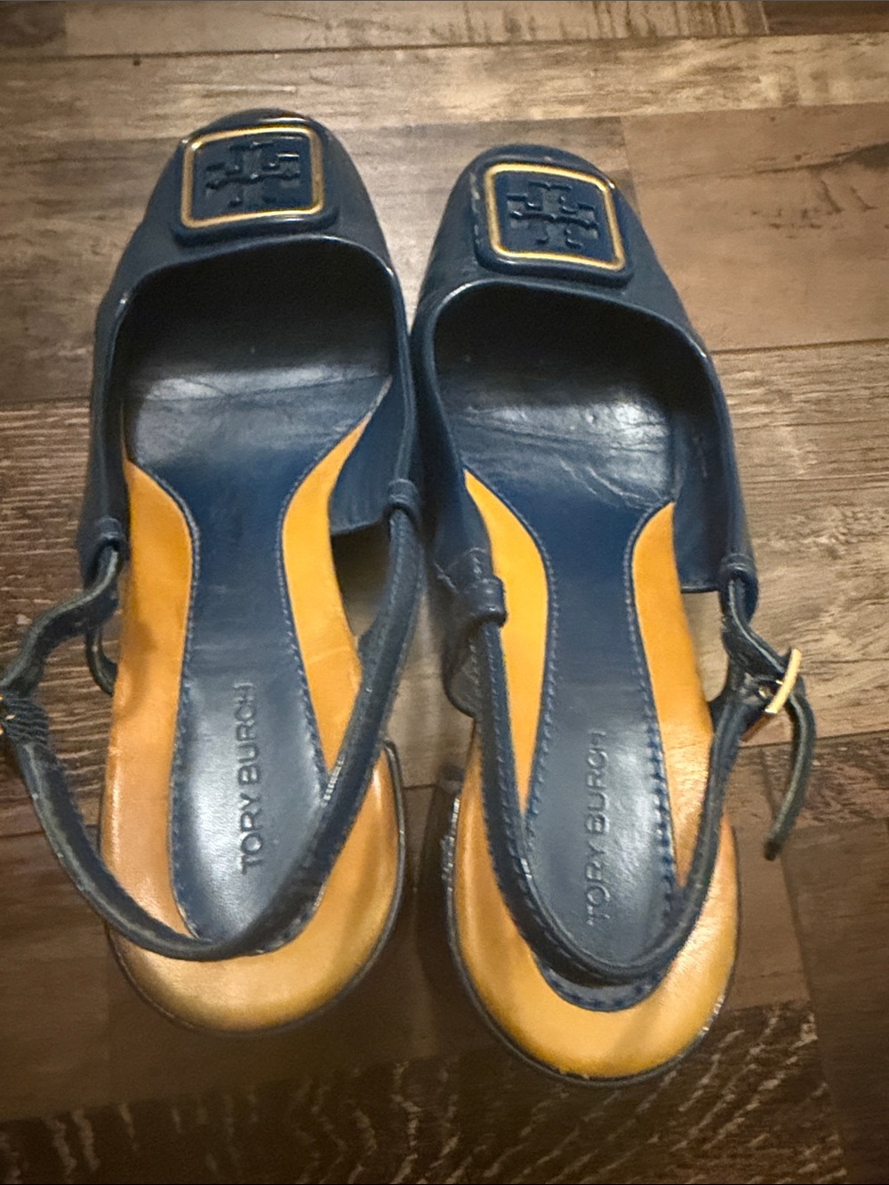 Tory Burch Navy and Yellow Slingback Logo Heels - Picture 6 of 8